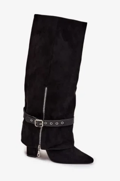 Kozaki Damskie Wsuwane Na Słupku Z Ozdobnym Paskiem Czarne Jolivine