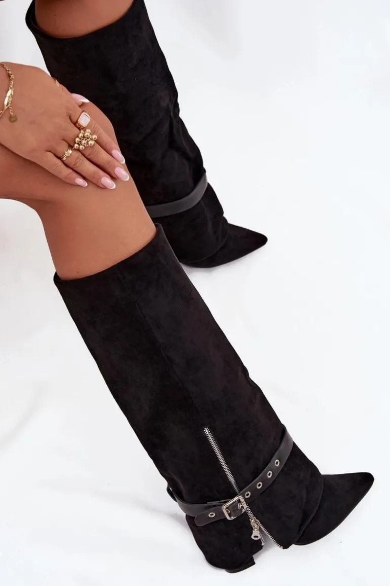 Kozaki Damskie Wsuwane Na Słupku Z Ozdobnym Paskiem Czarne Jolivine