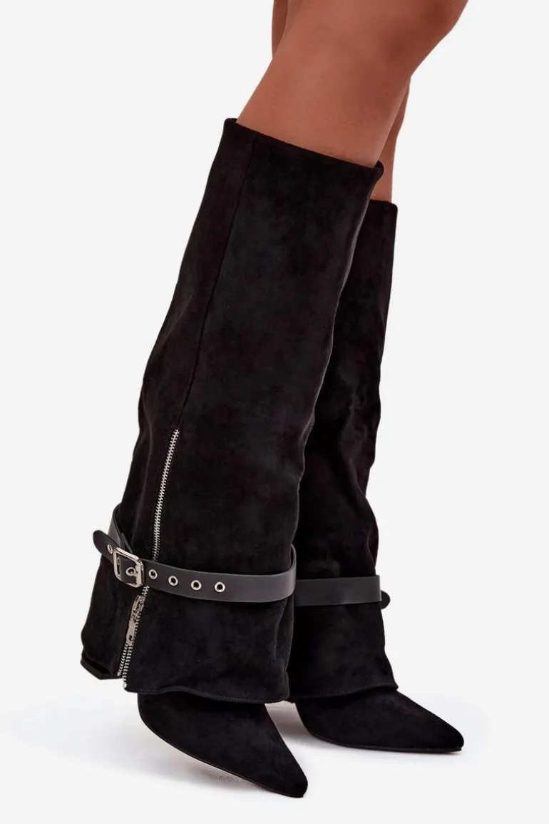 Kozaki Damskie Wsuwane Na Słupku Z Ozdobnym Paskiem Czarne Jolivine