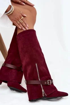 Kozaki Damskie Wsuwane Na Słupku Z Ozdobnym Paskiem Bordowe Jolivine