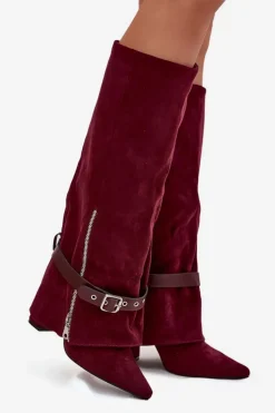 Kozaki Damskie Wsuwane Na Słupku Z Ozdobnym Paskiem Bordowe Jolivine