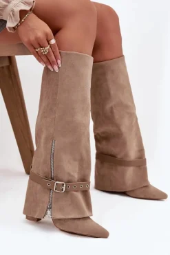 Kozaki Damskie Wsuwane Na Słupku Z Ozdobnym Paskiem Beżowe Jolivine