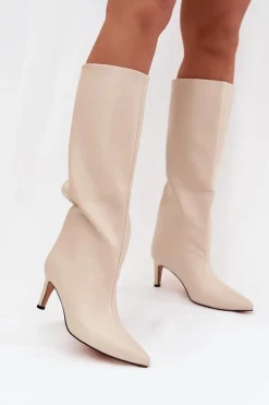 Kozaki Damskie Wsuwane Ocieplane Na Szpilce Jasnobeżowe Olivienne