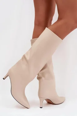 Kozaki Damskie Wsuwane Ocieplane Na Szpilce Jasnobeżowe Olivienne