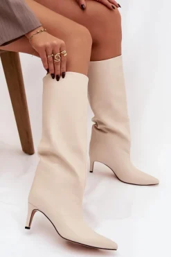 Kozaki Damskie Wsuwane Ocieplane Na Szpilce Jasnobeżowe Olivienne