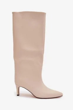 Kozaki Damskie Wsuwane Ocieplane Na Szpilce Jasnobeżowe Olivienne