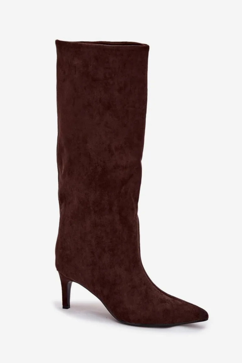 Kozaki Damskie Wsuwane Ocieplane Na Szpilce Czekoladowe Olivienne