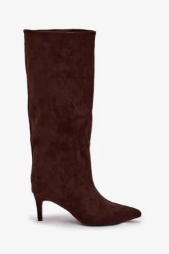 Kozaki Damskie Wsuwane Ocieplane Na Szpilce Czekoladowe Olivienne