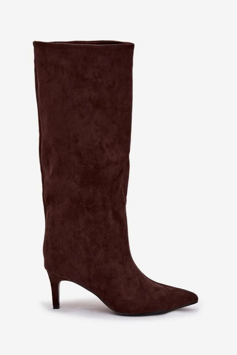 Kozaki Damskie Wsuwane Ocieplane Na Szpilce Czekoladowe Olivienne