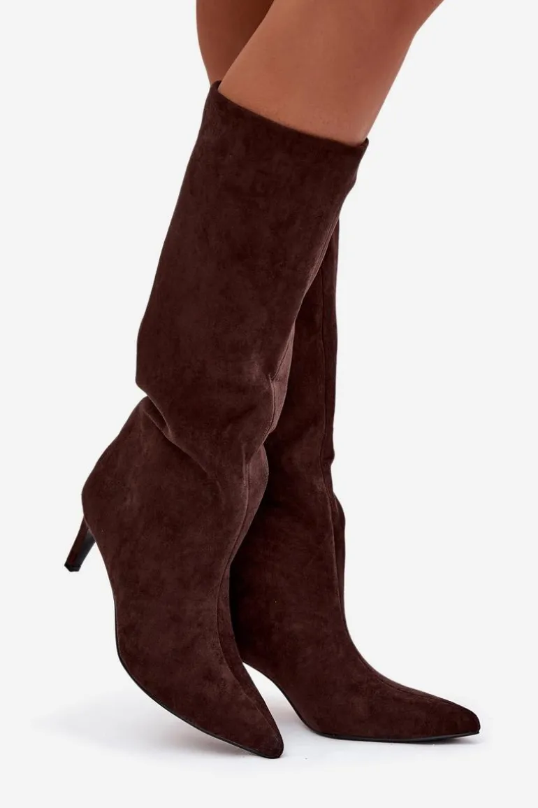 Kozaki Damskie Wsuwane Ocieplane Na Szpilce Czekoladowe Olivienne