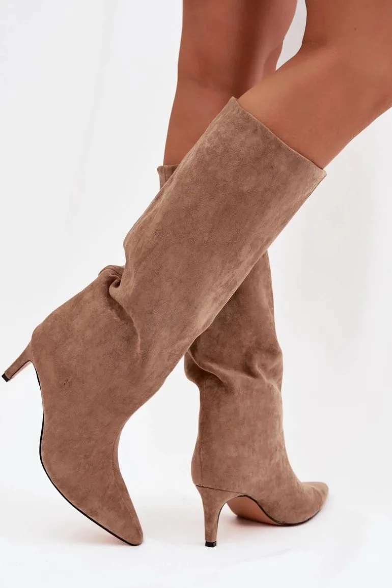 Kozaki Damskie Wsuwane Ocieplane Na Szpilce Beżowe Olivienne