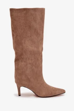 Kozaki Damskie Wsuwane Ocieplane Na Szpilce Beżowe Olivienne