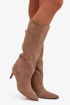 Kozaki Damskie Wsuwane Ocieplane Na Szpilce Beżowe Olivienne