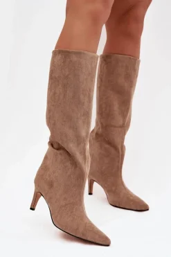 Kozaki Damskie Wsuwane Ocieplane Na Szpilce Beżowe Olivienne