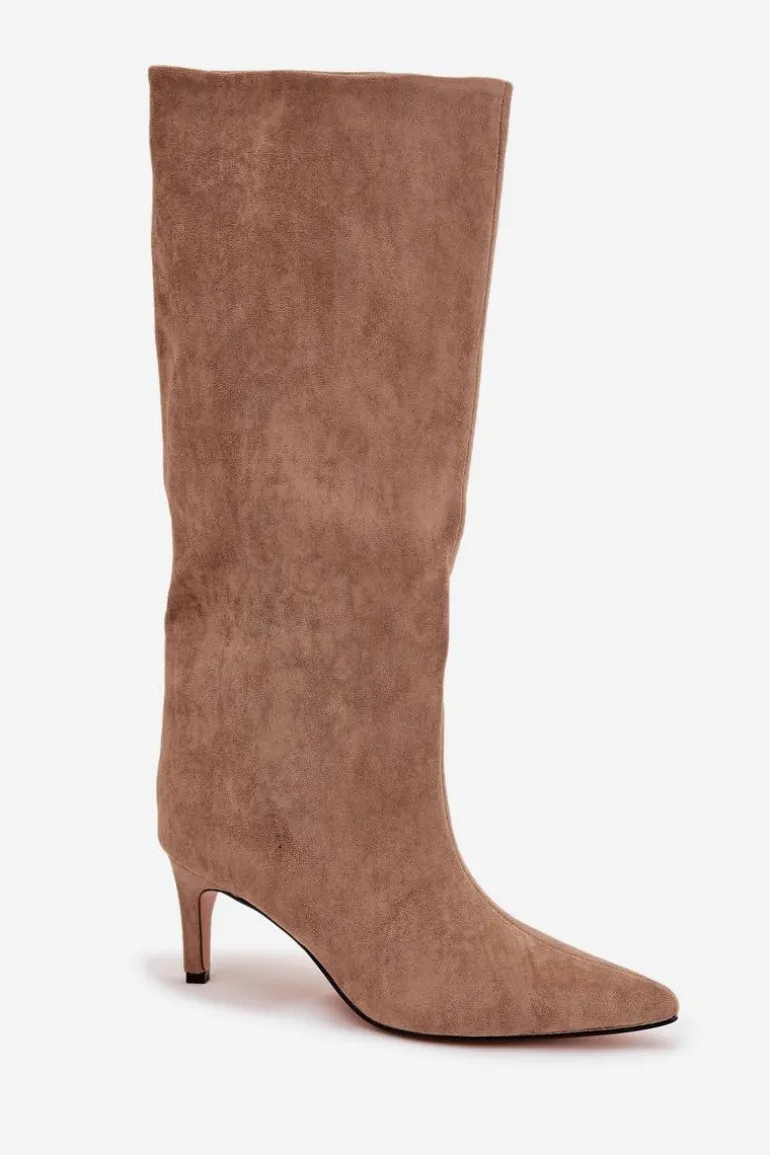 Kozaki Damskie Wsuwane Ocieplane Na Szpilce Beżowe Olivienne