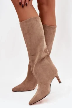 Kozaki Damskie Wsuwane Ocieplane Na Szpilce Beżowe Olivienne