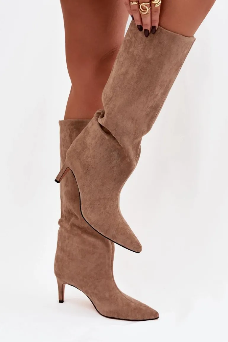 Kozaki Damskie Wsuwane Ocieplane Na Szpilce Beżowe Olivienne