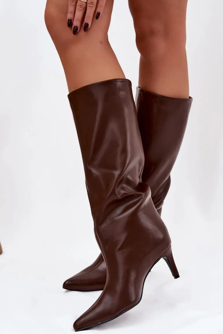 Kozaki Damskie Wsuwane Ocieplane Na Szpilce Brązowe Olivienne