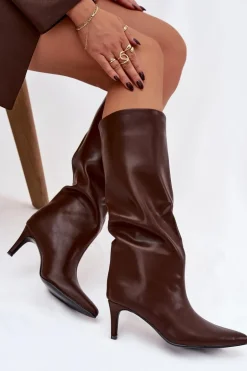 Kozaki Damskie Wsuwane Ocieplane Na Szpilce Brązowe Olivienne