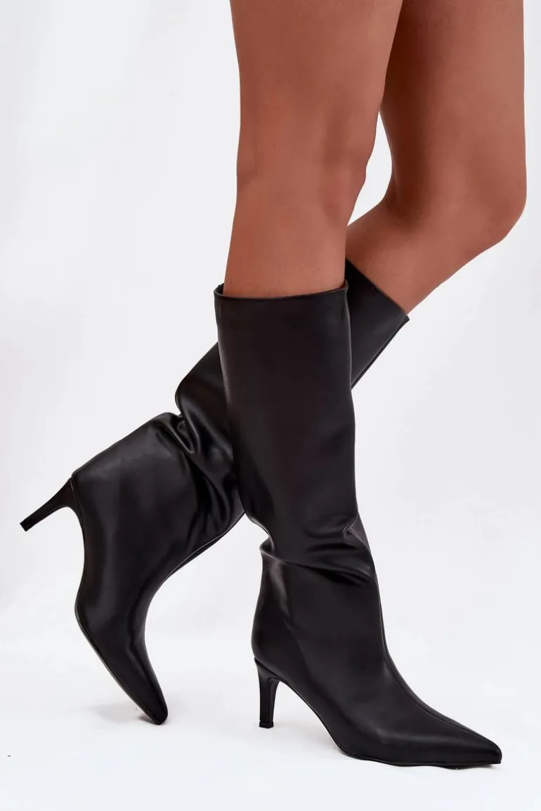 Kozaki Damskie Wsuwane Ocieplane Na Szpilce Czarne Olivienne