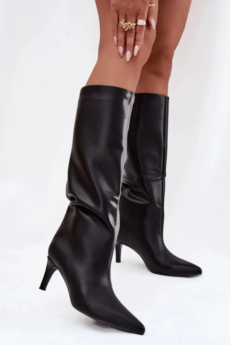 Kozaki Damskie Wsuwane Ocieplane Na Szpilce Czarne Olivienne