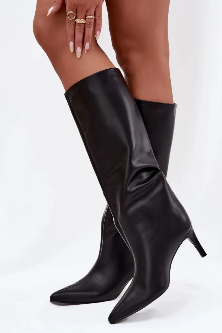 Kozaki Damskie Wsuwane Ocieplane Na Szpilce Czarne Olivienne