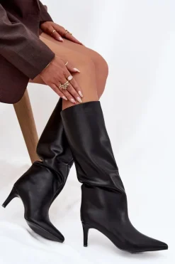 Kozaki Damskie Wsuwane Ocieplane Na Szpilce Czarne Olivienne