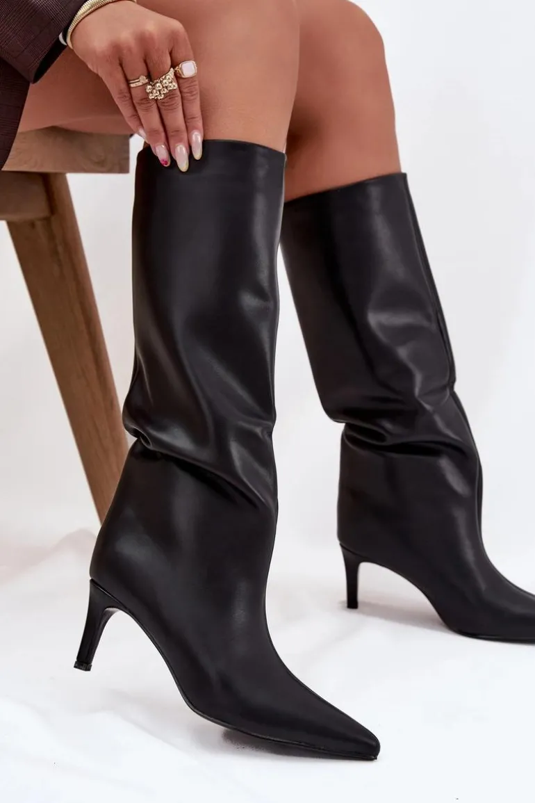 Kozaki Damskie Wsuwane Ocieplane Na Szpilce Czarne Olivienne