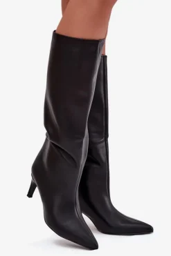 Kozaki Damskie Wsuwane Ocieplane Na Szpilce Czarne Olivienne