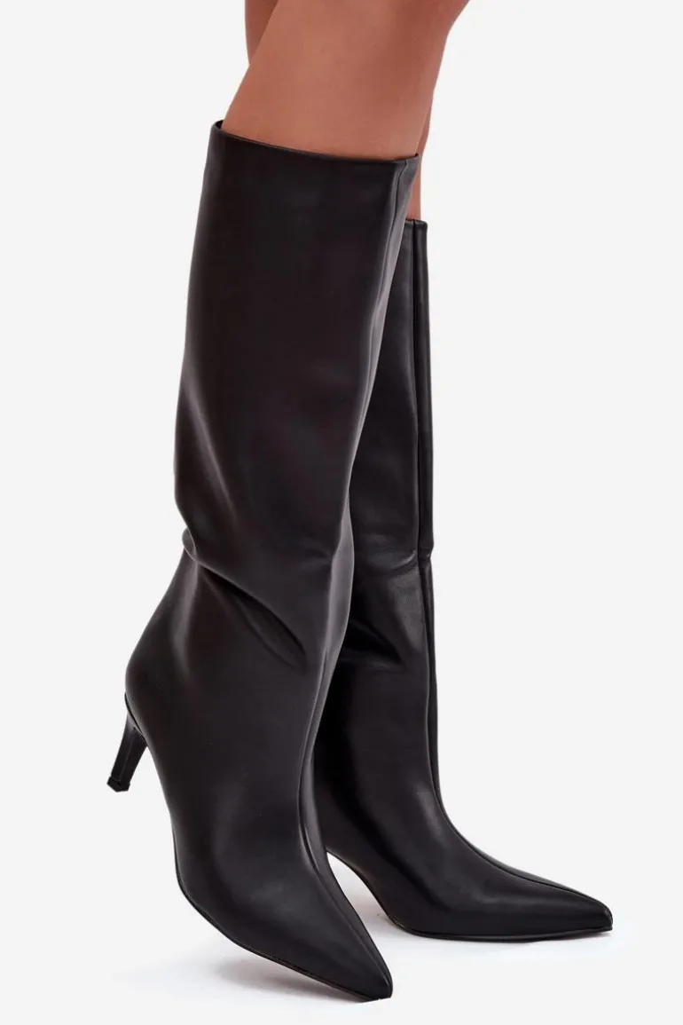 Kozaki Damskie Wsuwane Ocieplane Na Szpilce Czarne Olivienne