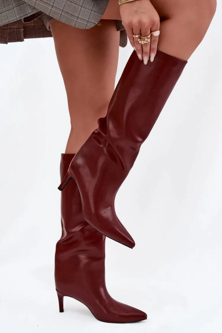 Kozaki Damskie Wsuwane Ocieplane Na Szpilce Bordowe Olivienne