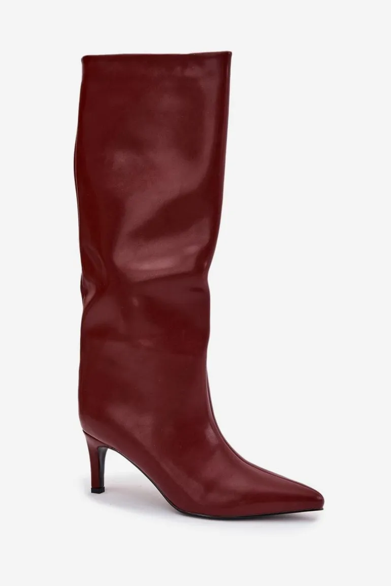 Kozaki Damskie Wsuwane Ocieplane Na Szpilce Bordowe Olivienne