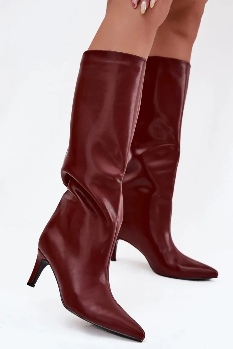 Kozaki Damskie Wsuwane Ocieplane Na Szpilce Bordowe Olivienne