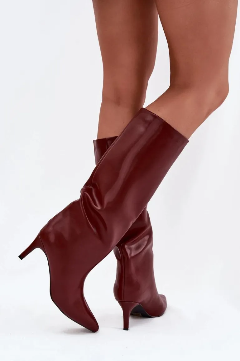 Kozaki Damskie Wsuwane Ocieplane Na Szpilce Bordowe Olivienne