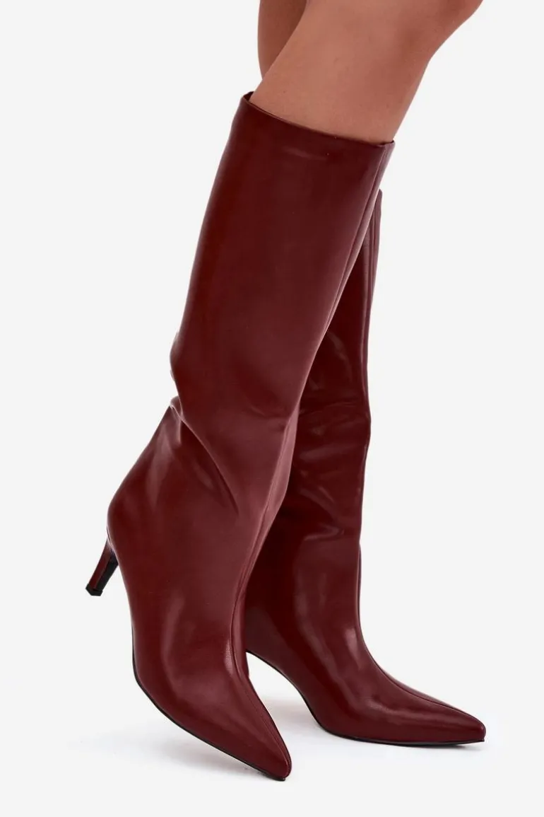 Kozaki Damskie Wsuwane Ocieplane Na Szpilce Bordowe Olivienne