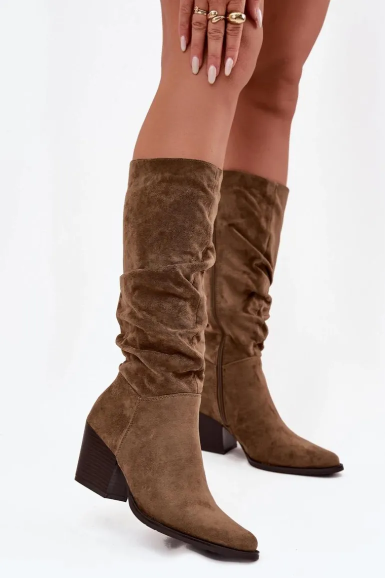 Kozaki Damskie Z Marszczoną Cholewką Na Słupku Ocieplane Zielone Paelina