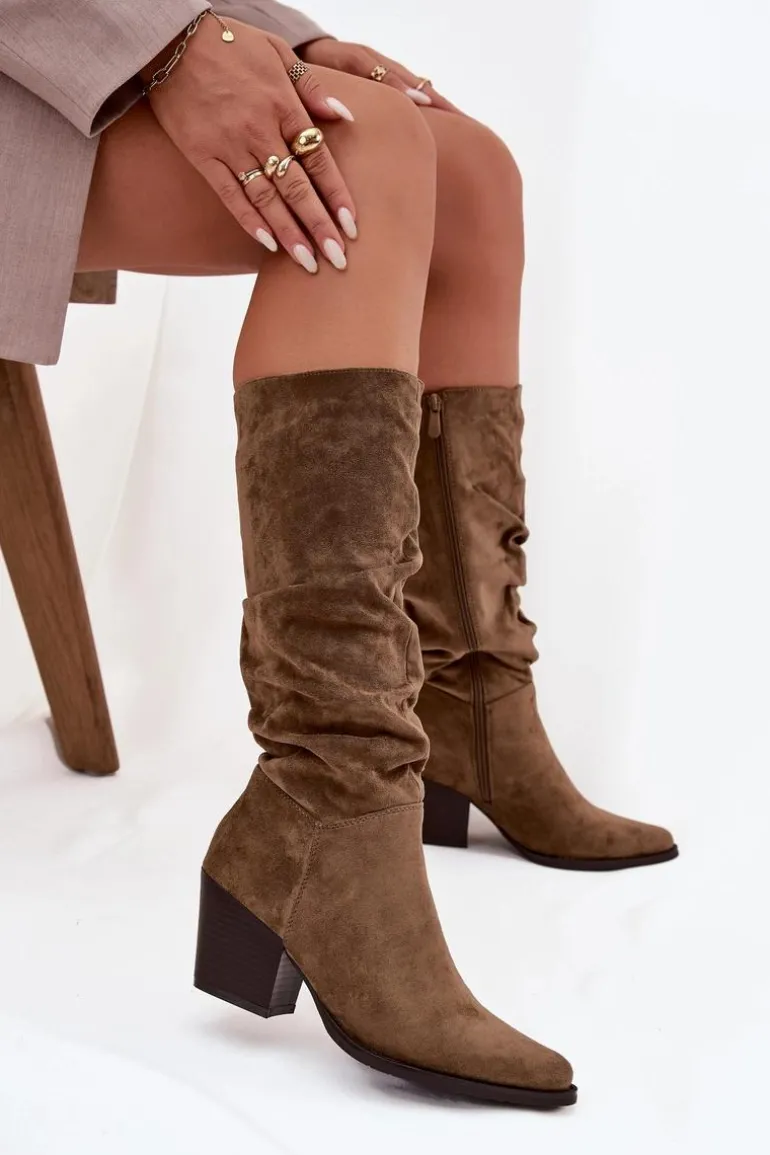 Kozaki Damskie Z Marszczoną Cholewką Na Słupku Ocieplane Zielone Paelina