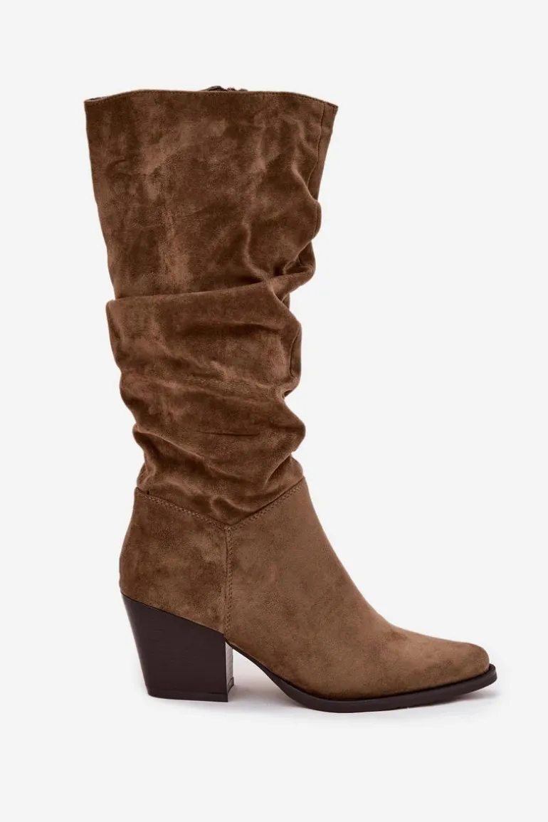 Kozaki Damskie Z Marszczoną Cholewką Na Słupku Ocieplane Zielone Paelina