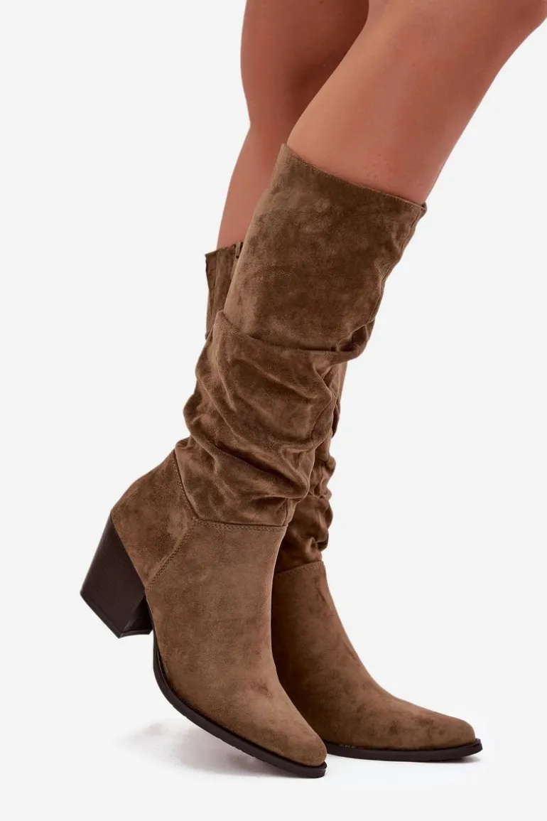 Kozaki Damskie Z Marszczoną Cholewką Na Słupku Ocieplane Zielone Paelina