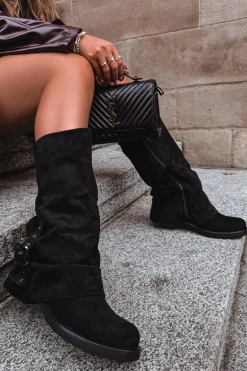 Kozaki Damskie Z Marszczoną Cholewką I Klamrą Czarne Ophelis