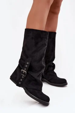 Kozaki Damskie Z Marszczoną Cholewką I Klamrą Czarne Ophelis