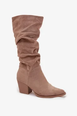 Kozaki Damskie Z Marszczoną Cholewką Na Słupku Ocieplane Beżowe Paelina