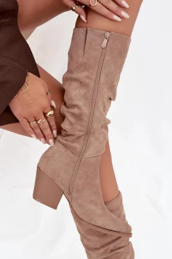 Kozaki Damskie Z Marszczoną Cholewką Na Słupku Ocieplane Beżowe Paelina