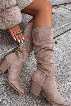 Kozaki Damskie Z Marszczoną Cholewką Na Słupku Ocieplane Beżowe Paelina