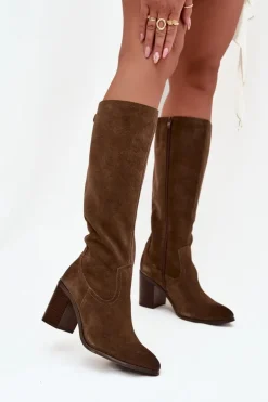 Kozaki Damskie Z Naturalnego Zamszu Ocieplane Obcas Słupek Sergio Leone KZ25668-S Oliwkowe