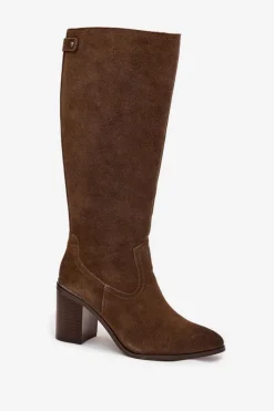 Kozaki Damskie Z Naturalnego Zamszu Ocieplane Obcas Słupek Sergio Leone KZ25668-S Oliwkowe