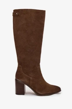 Kozaki Damskie Z Naturalnego Zamszu Ocieplane Obcas Słupek Sergio Leone KZ25668-S Oliwkowe