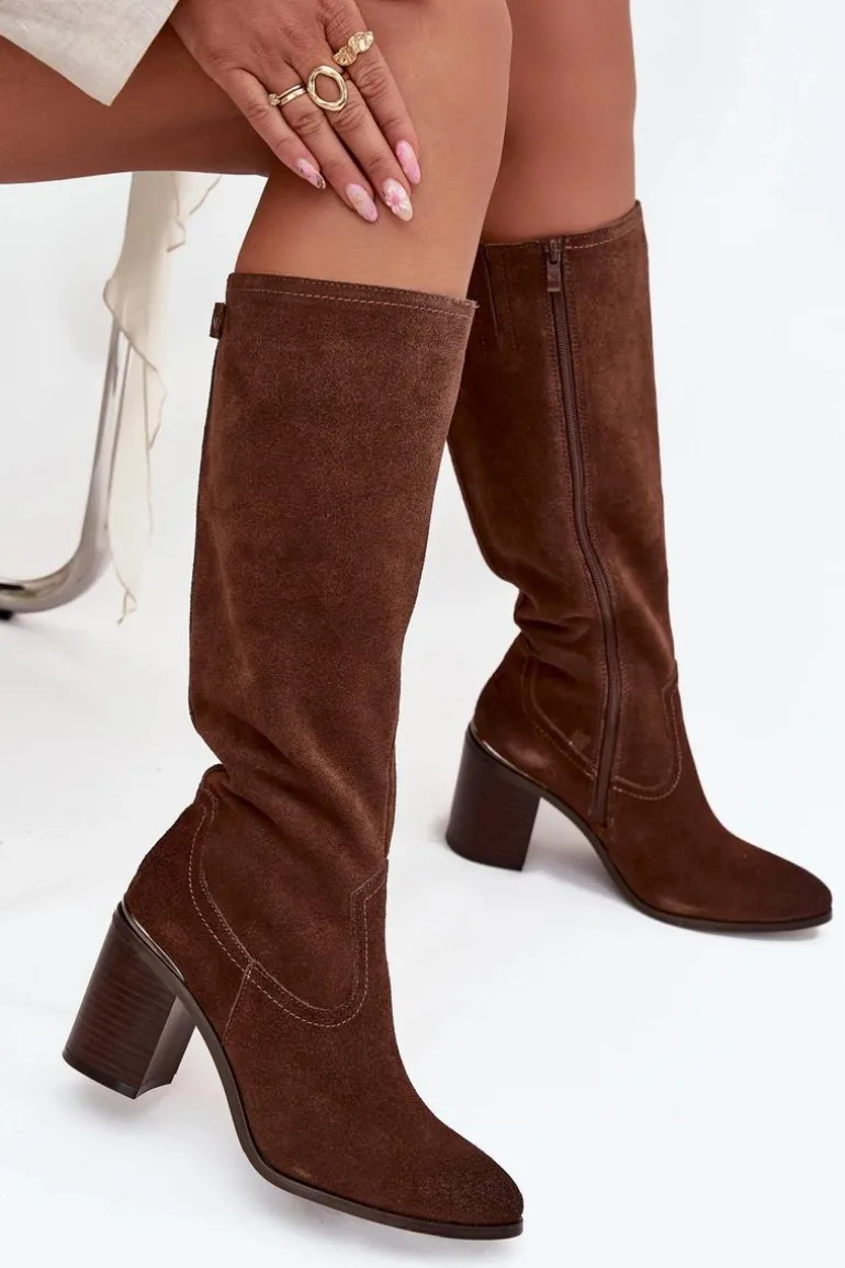 Kozaki Damskie Z Naturalnego Zamszu Ocieplane Obcas Słupek Sergio Leone KZ25668-S Brązowe