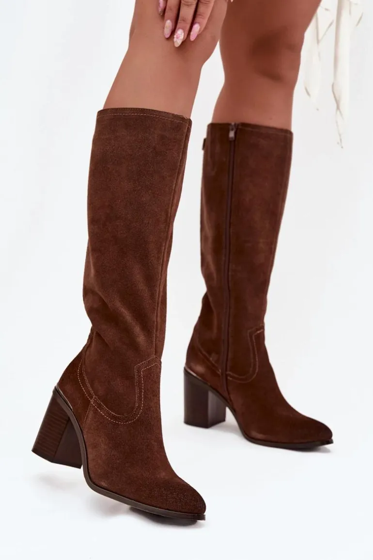 Kozaki Damskie Z Naturalnego Zamszu Ocieplane Obcas Słupek Sergio Leone KZ25668-S Brązowe