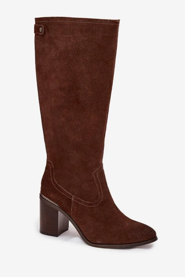 Kozaki Damskie Z Naturalnego Zamszu Ocieplane Obcas Słupek Sergio Leone KZ25668-S Brązowe